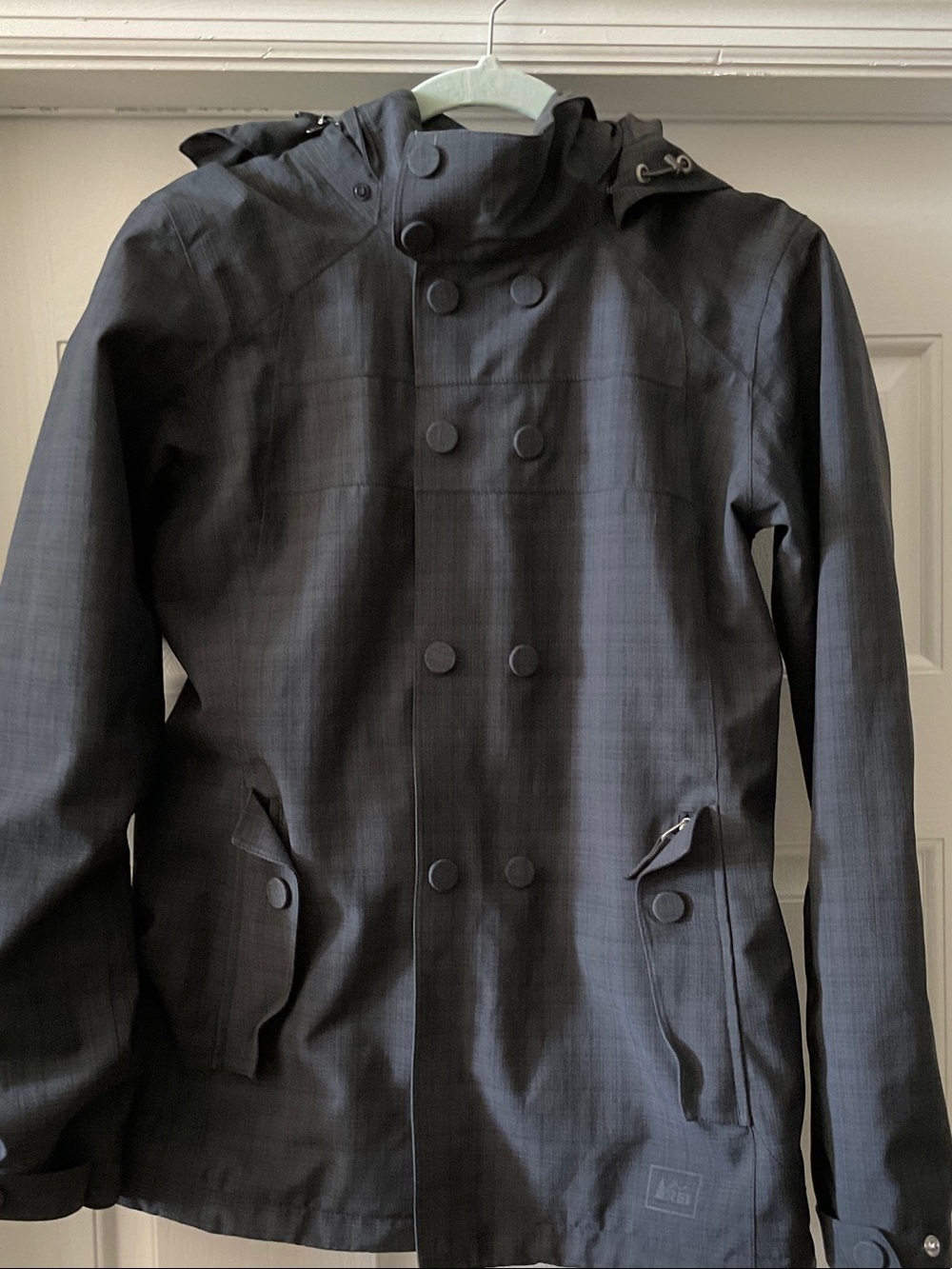 REI Black Double-Breasted Hooded Raincoat, women’s L